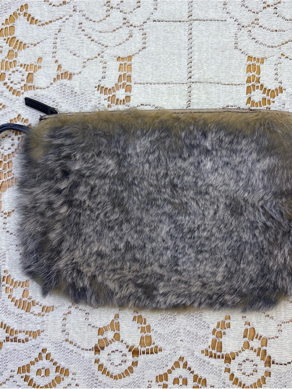 Vintage Rabbit Fur DKNY Black and Grey Clutch Wristlet Bag Purse